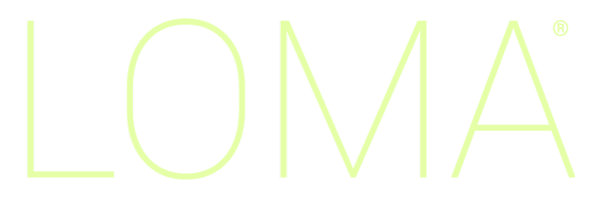 LOMA logo in light green font on a transparent background.